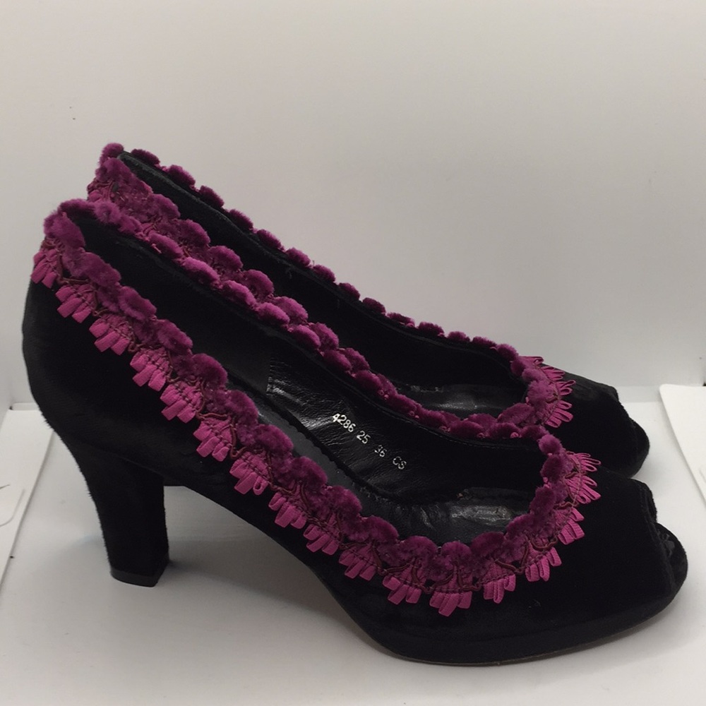Rebeca Sanver Velvet Peep Toe Heels Black Purple Size 6 Formal - Picture 3 of 14